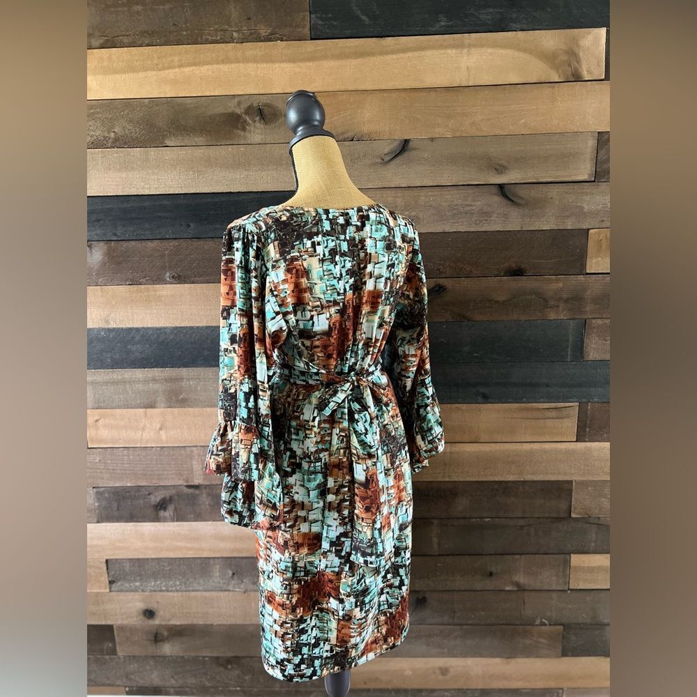 Betsey Johnson Set Shirt & Skirt Medium Brown Green Geometric Bell Sleeve Top - Picture 11 of 13